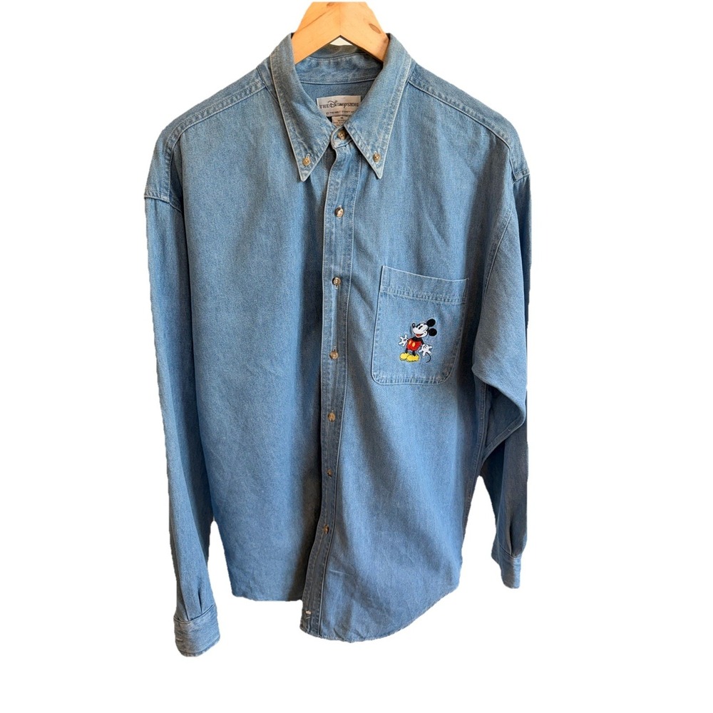 Vintage Disney Mickey Shirt Denim Jean 90s Embroidered Pocket Button Up Sz M